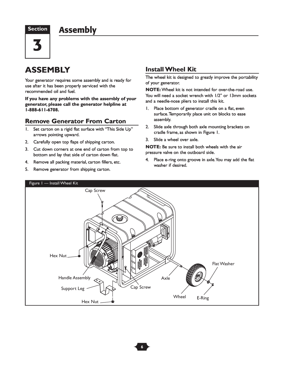 Troy-Bilt 1919 owner manual Remove Generator From Carton, Install Wheel Kit, Section Assembly 