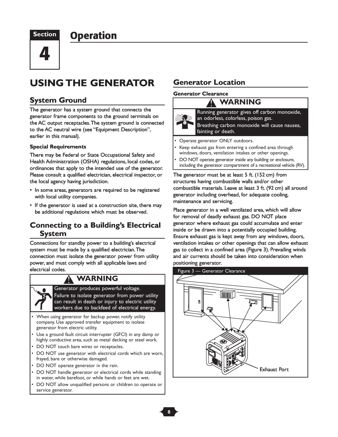 Troy-Bilt 1919 Section Operation, Using The Generator, System Ground, Connecting to a Building’s Electrical System 