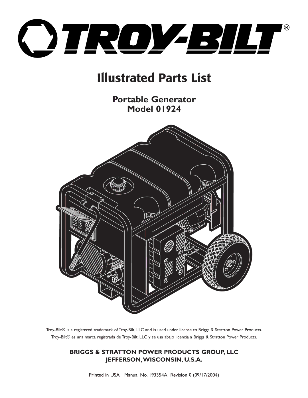 Troy-Bilt 1924 manual Illustrated Parts List 