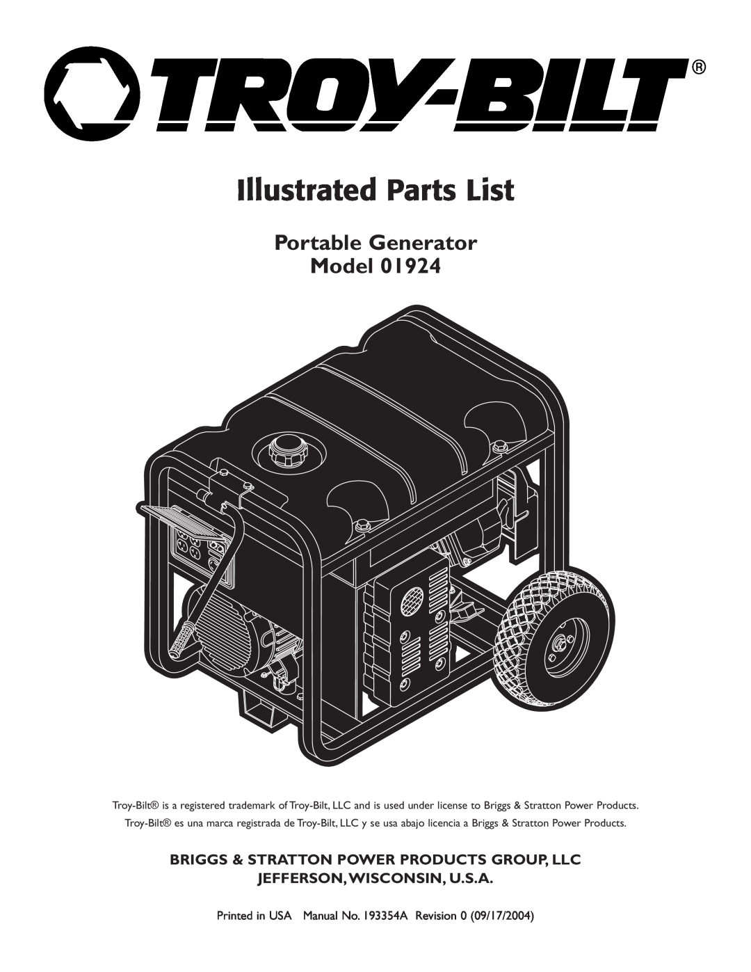 Troy-Bilt 1924 manual Portable Generator Model, Illustrated Parts List, Briggs & Stratton Power Products Group, Llc 