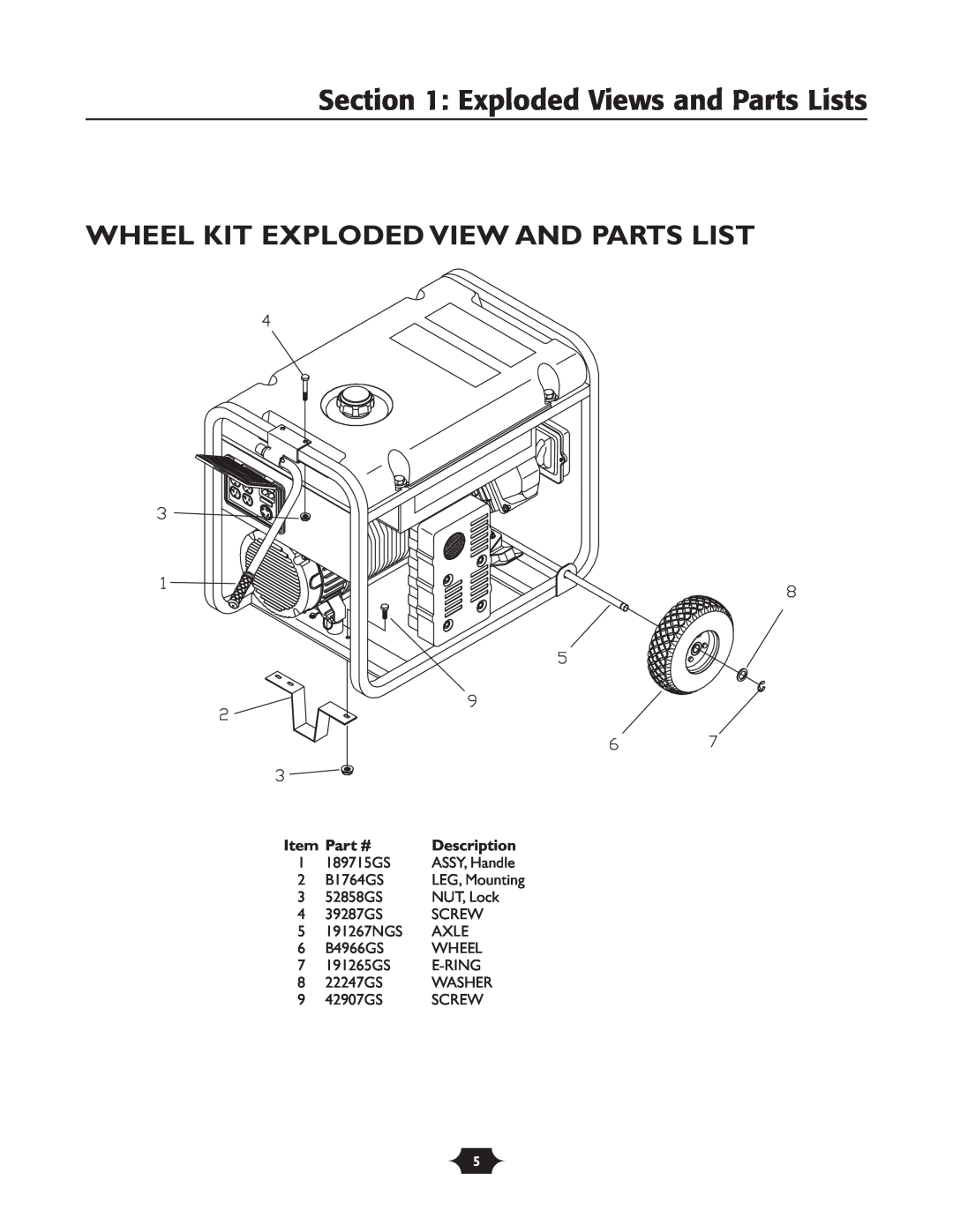 Troy-Bilt 1924 manual Wheel Kit Exploded View And Parts List, Exploded Views and Parts Lists, Description 