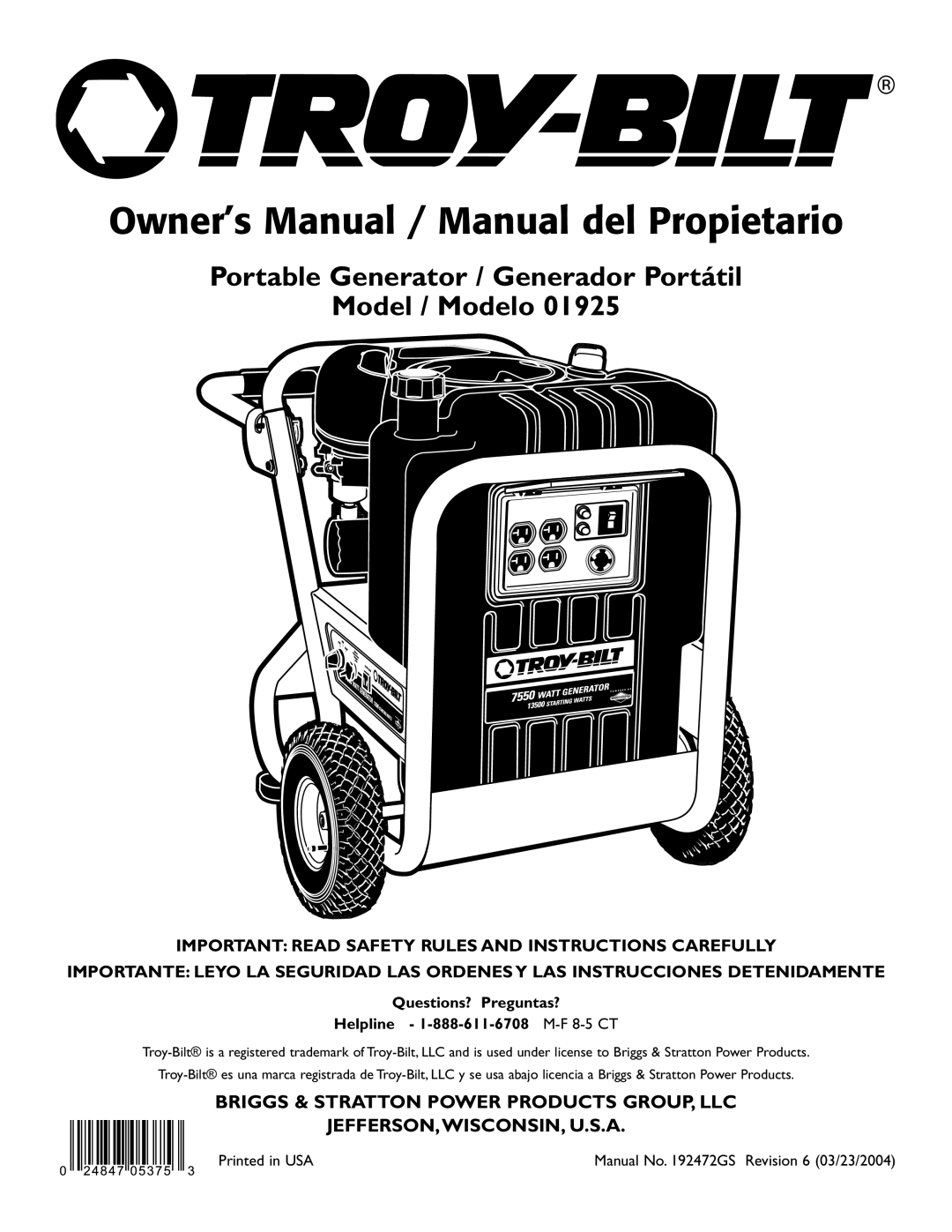 Troy-Bilt 1925 owner manual Portable Generator / Generador Portátil Model / Modelo 