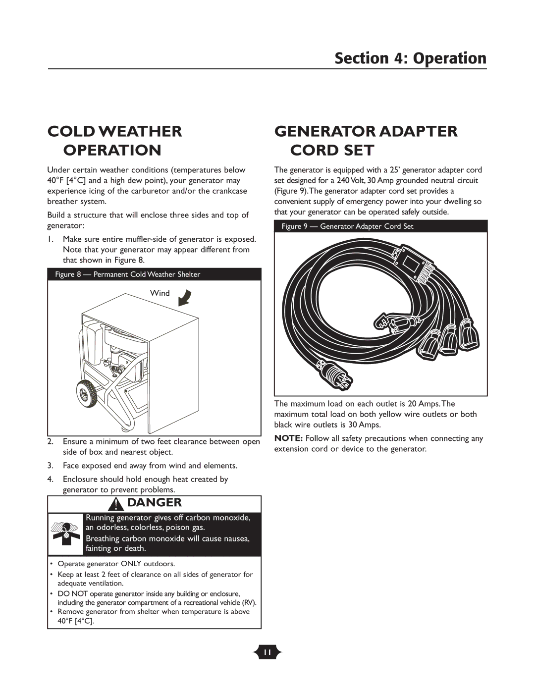 Troy-Bilt 1925 owner manual Cold Weather Generator Adapter Operation Cord SET, Permanent Cold Weather Shelter 