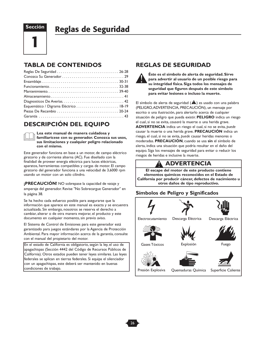 Troy-Bilt 1925 Reglas de Seguridad, Tabla DE Contenidos, Descripción DEL Equipo, Reglas DE Seguridad, Advertencia 