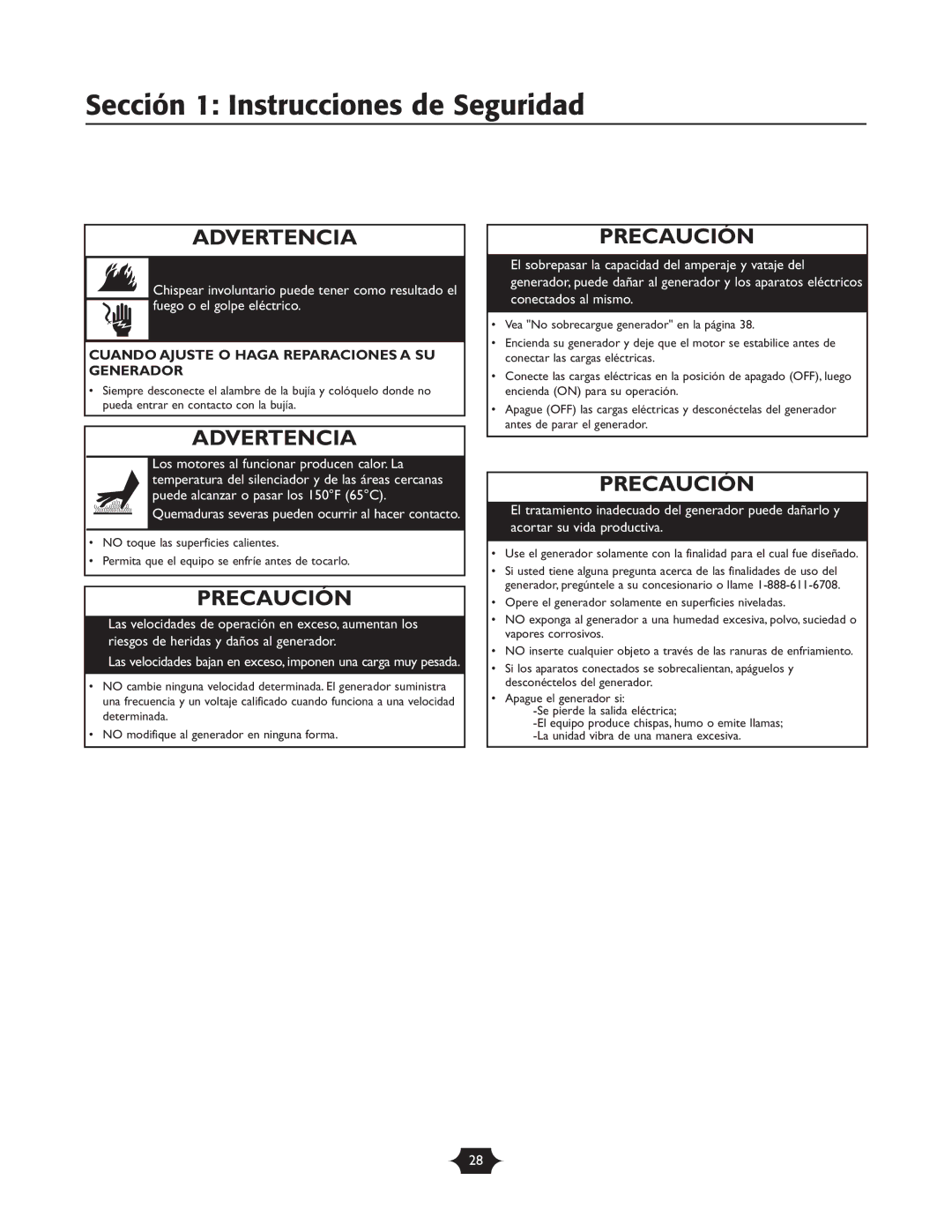 Troy-Bilt 1925 owner manual Sección 1 Instrucciones de Seguridad, Precaución 