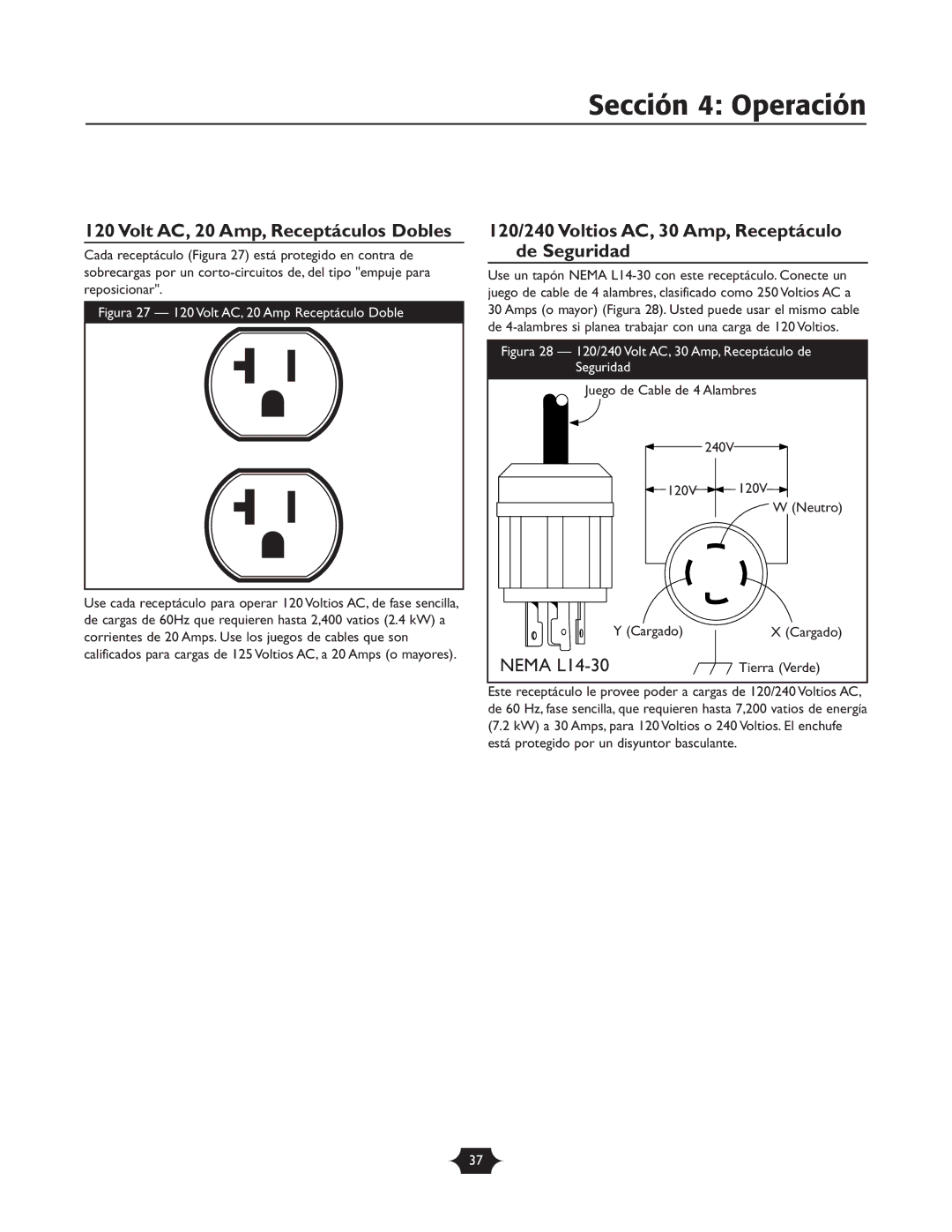 Troy-Bilt 1925 owner manual Volt AC, 20 Amp, Receptáculos Dobles, 120/240 Voltios AC, 30 Amp, Receptáculo de Seguridad 