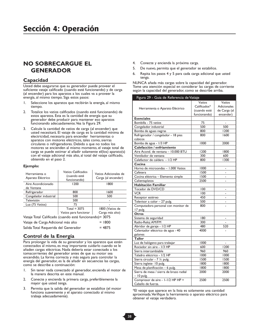 Troy-Bilt 1925 owner manual No Sobrecargue EL Generador, Capacidad, Control de la Energía, Ejemplo 