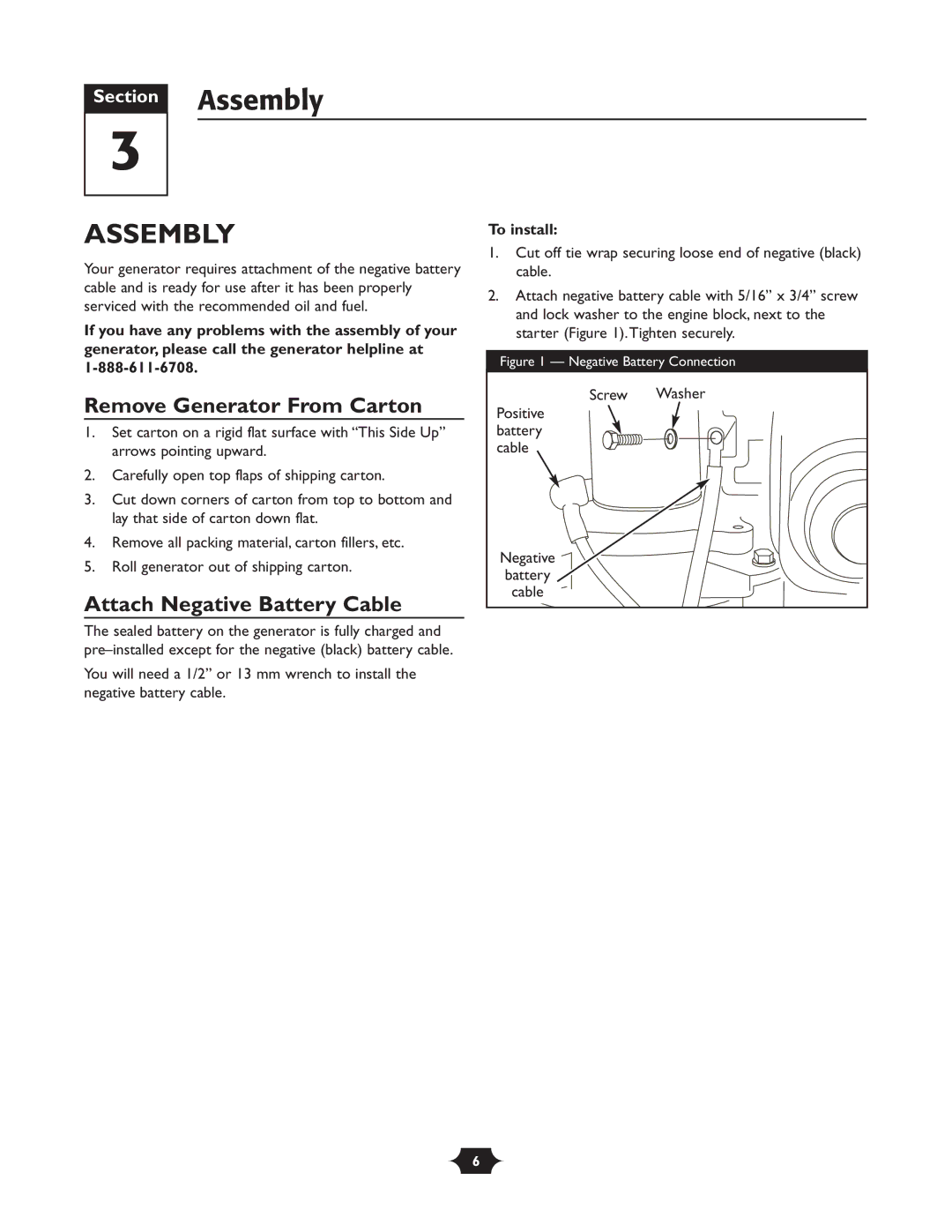 Troy-Bilt 1925 owner manual Assembly, Remove Generator From Carton, Attach Negative Battery Cable, To install 