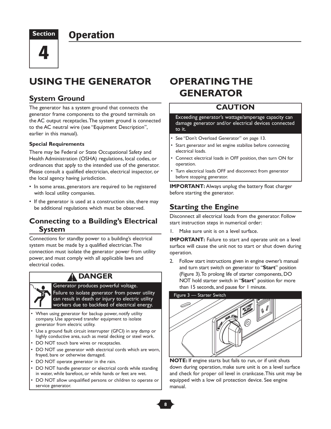 Troy-Bilt 1925 owner manual Section Operation, Using the Generator, Operating Generator 