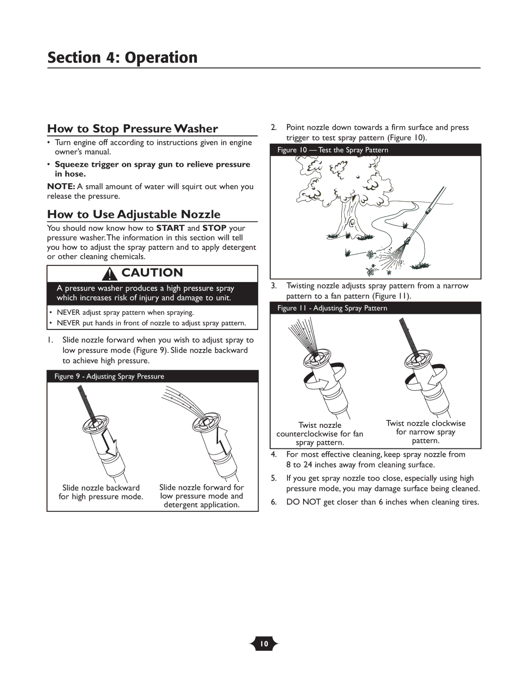 Troy-Bilt 20207 manual Operation, How to Stop Pressure Washer, How to Use Adjustable Nozzle 