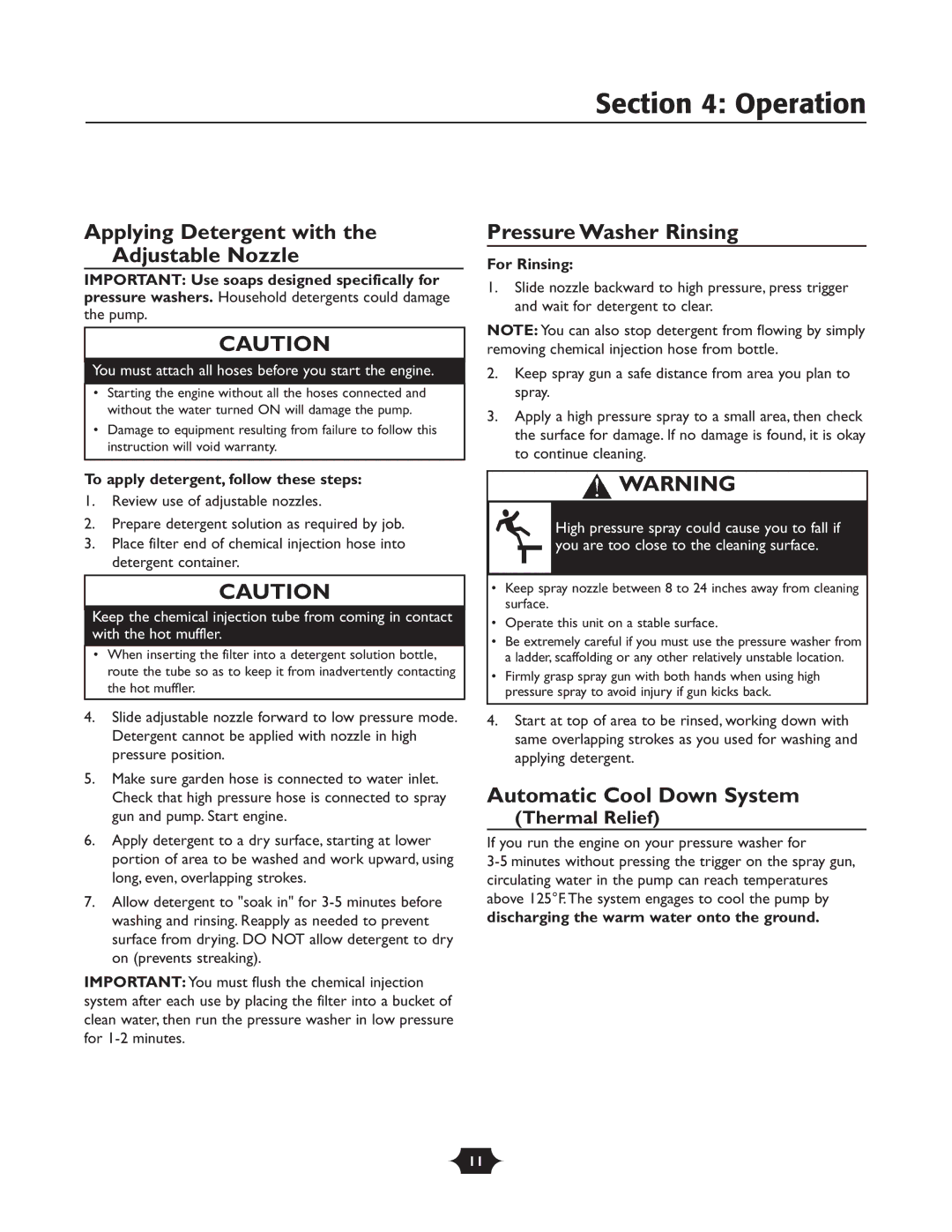 Troy-Bilt 20207 manual Applying Detergent with the Adjustable Nozzle, Pressure Washer Rinsing, Automatic Cool Down System 