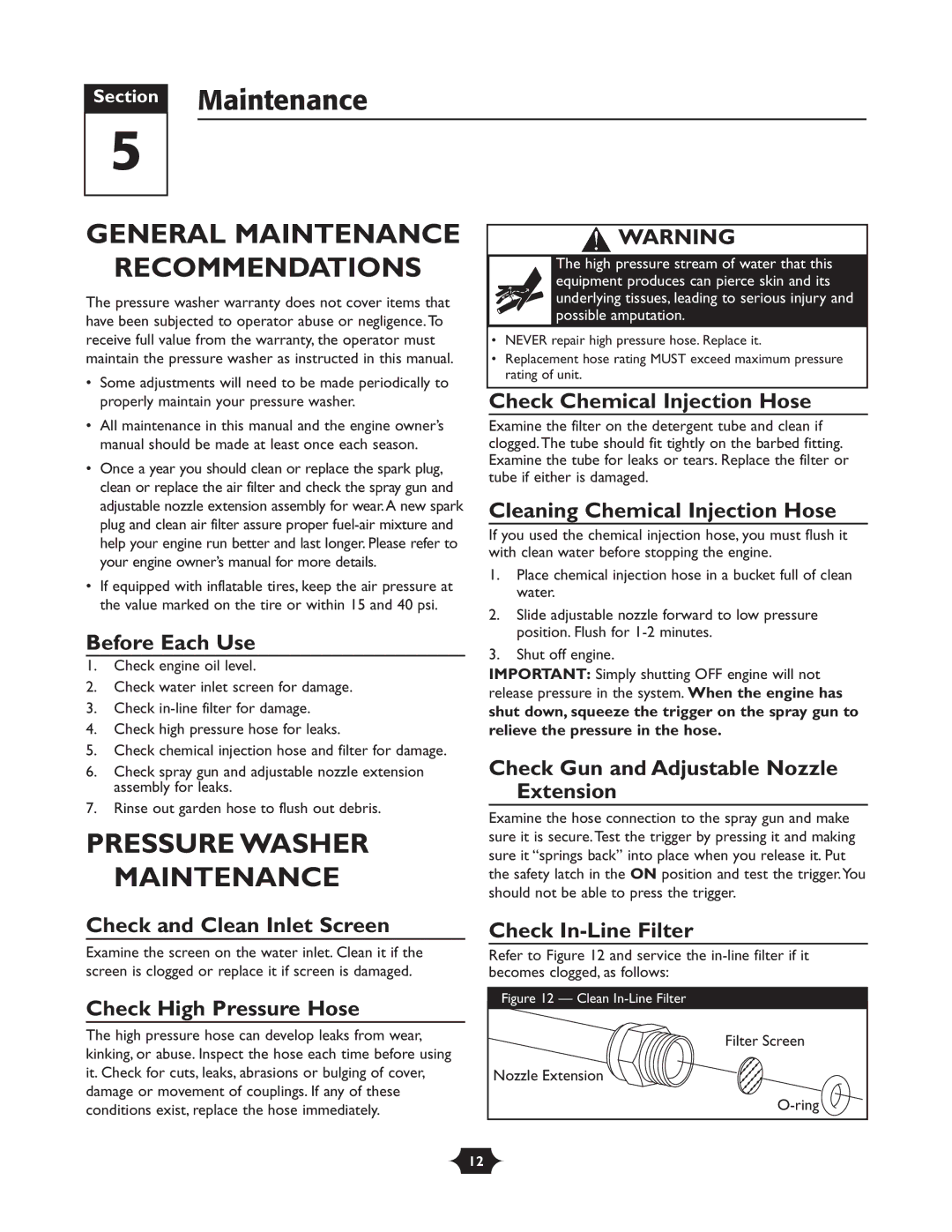 Troy-Bilt 20207 manual Section Maintenance, General Maintenance Recommendations, Pressure Washer Maintenance 