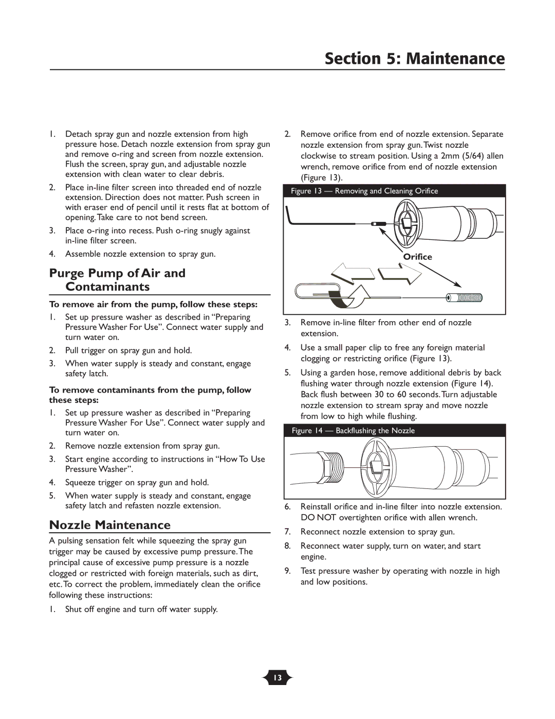 Troy-Bilt 20207 manual Purge Pump of Air Contaminants, Nozzle Maintenance 