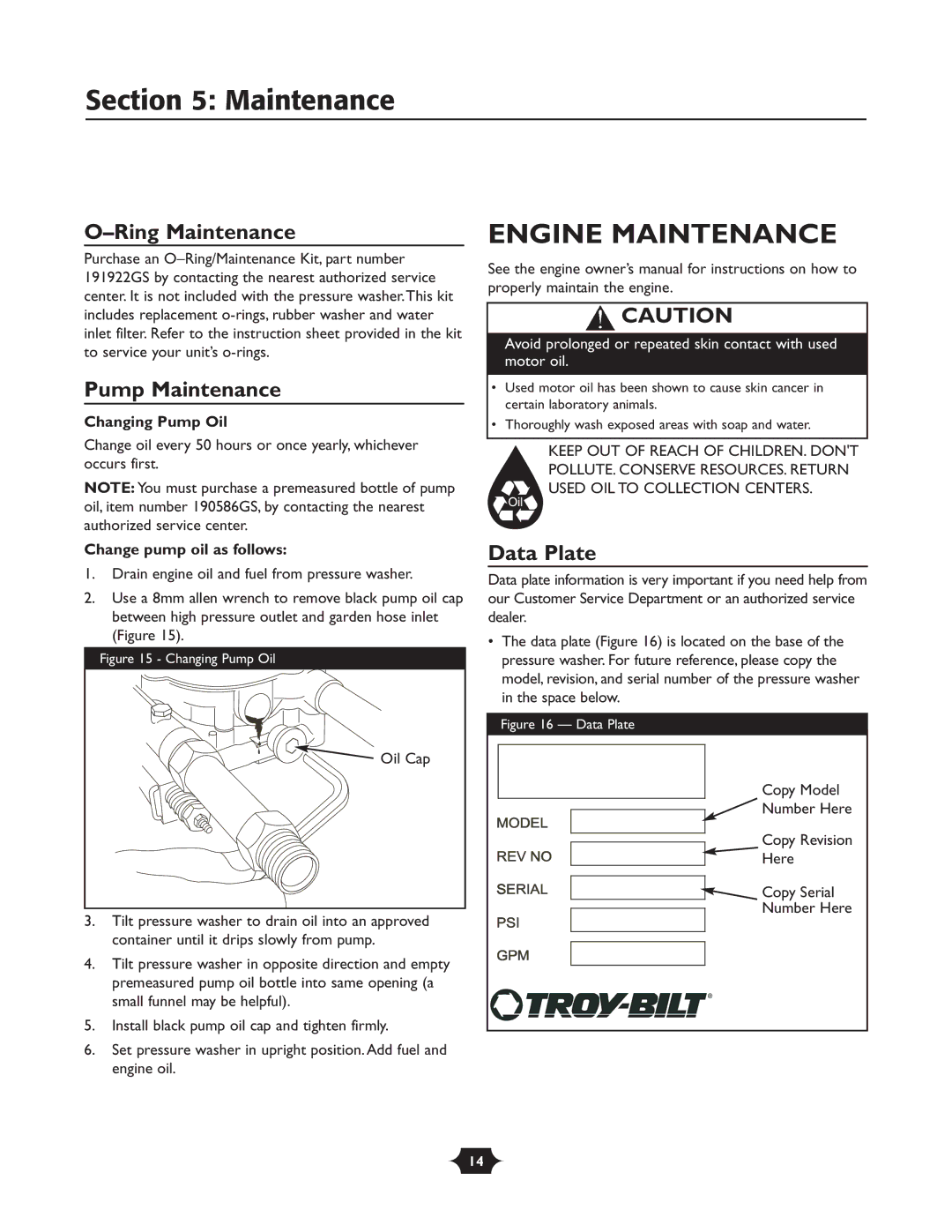 Troy-Bilt 20207 manual Engine Maintenance, Ring Maintenance, Pump Maintenance, Data Plate 