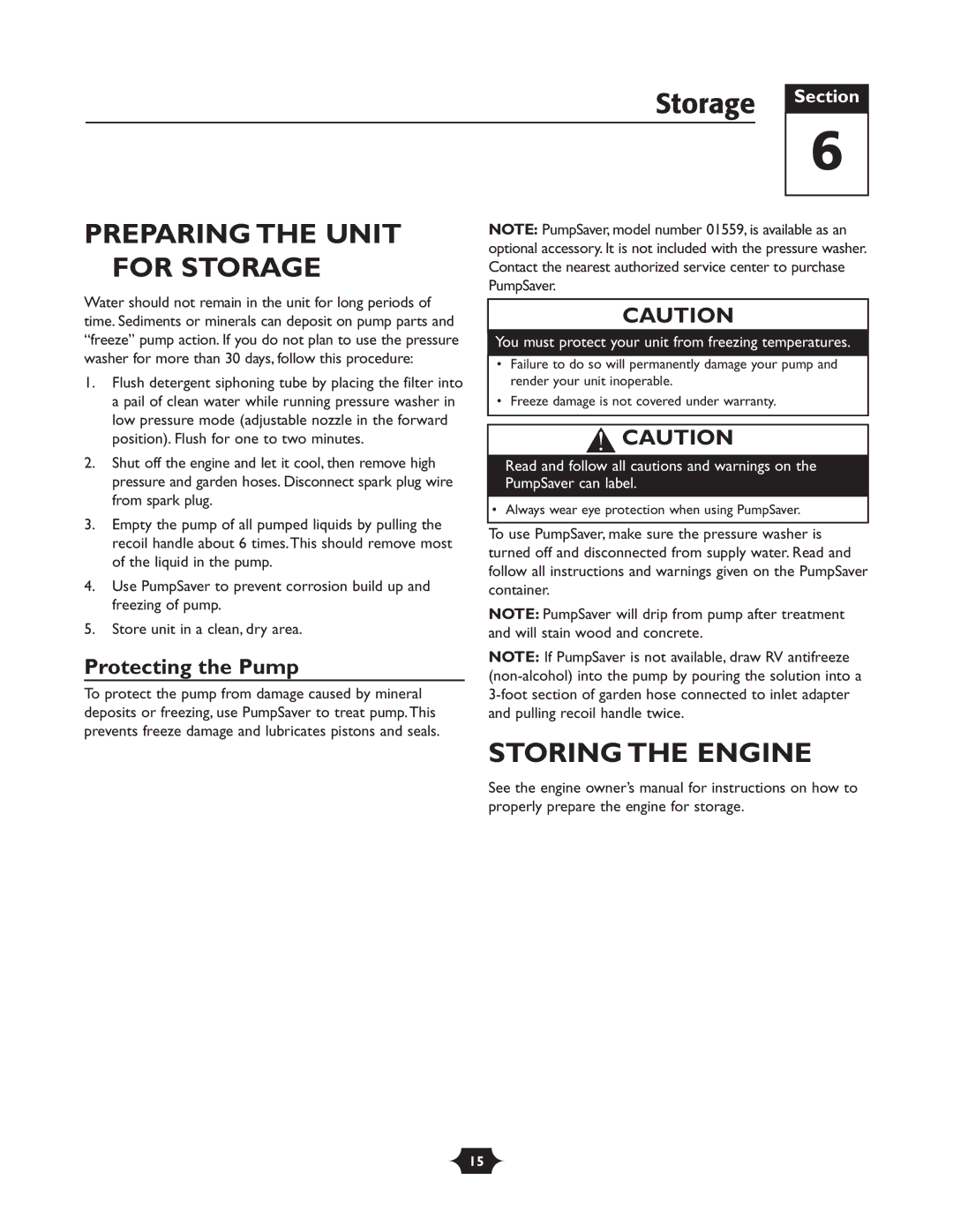 Troy-Bilt 20207 manual Preparing the Unit for Storage, Storing the Engine, Protecting the Pump 