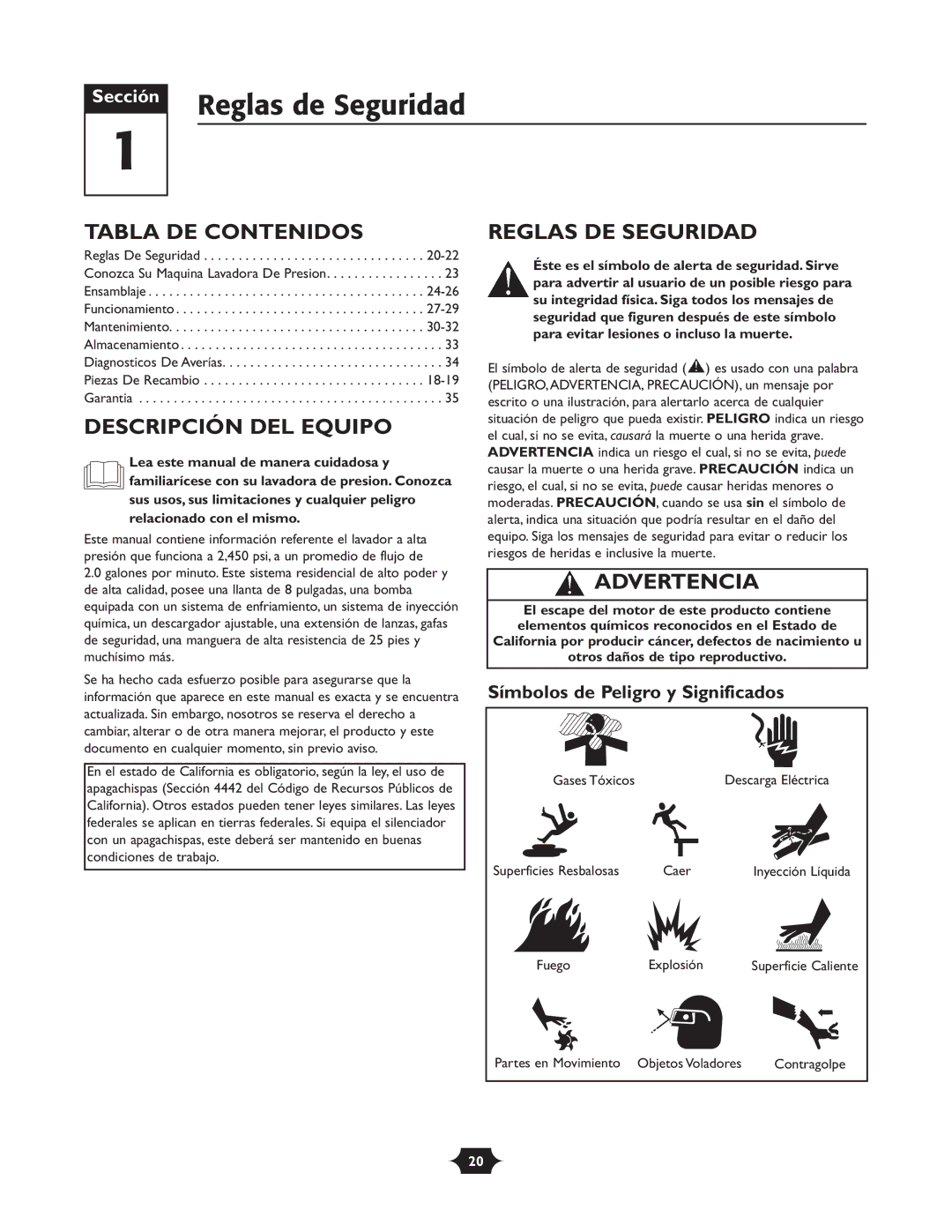 Troy-Bilt 20207 manual Reglas de Seguridad, Tabla DE Contenidos, Descripción DEL Equipo, Reglas DE Seguridad, Advertencia 