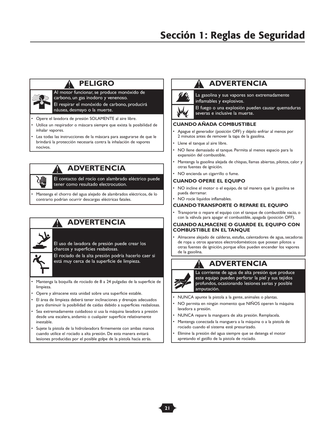 Troy-Bilt 20207 manual Sección 1 Reglas de Seguridad, Peligro 