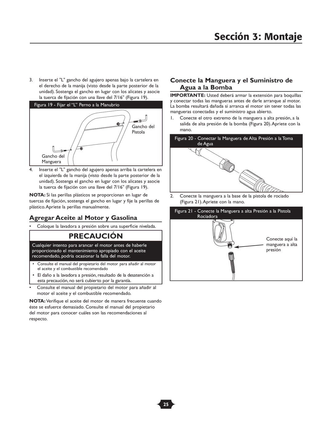 Troy-Bilt 20207 manual Sección 3 Montaje, Agregar Aceite al Motor y Gasolina, Gancho del Pistola Manguera, Presión 