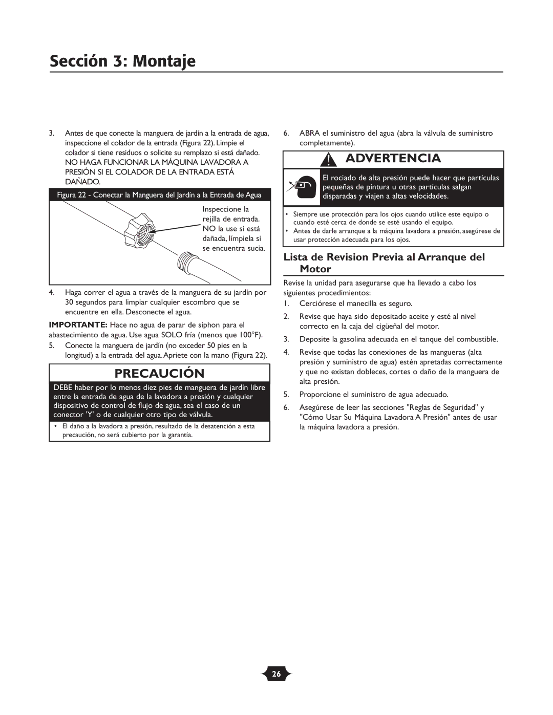 Troy-Bilt 20207 manual Advertencia, Lista de Revision Previa al Arranque del Motor 