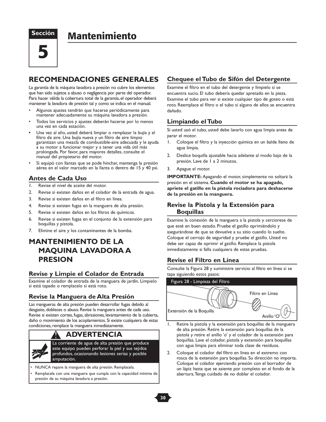 Troy-Bilt 20207 manual Recomendaciones Generales, Mantenimiento DE LA Maquina Lavadora a Presion 