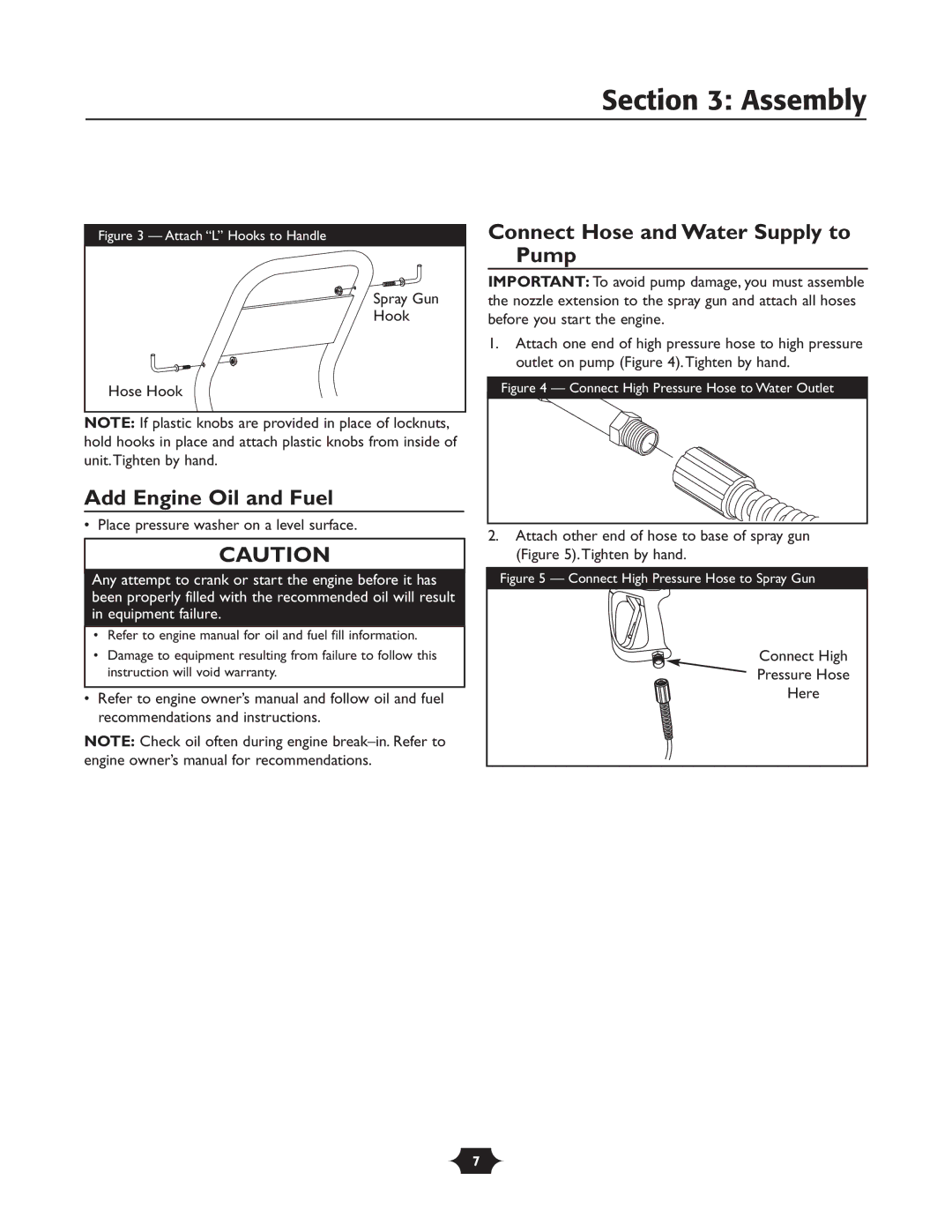 Troy-Bilt 20207 manual Add Engine Oil and Fuel, Connect Hose and Water Supply to Pump, Connect High 