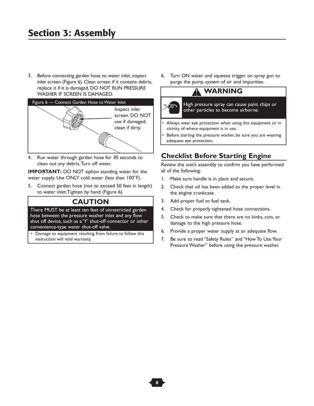 Troy-Bilt 20207 manual Checklist Before Starting Engine, Connect Garden Hose to Water Inlet 