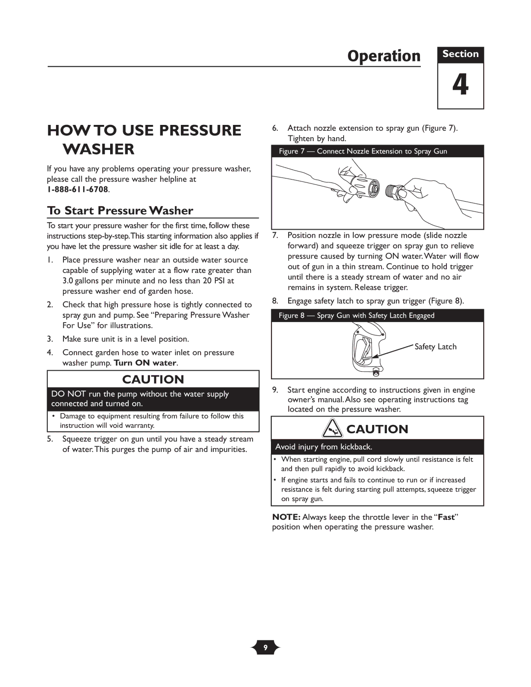 Troy-Bilt 20207 manual Operation Section, HOW to USE Pressure, To Start Pressure Washer 