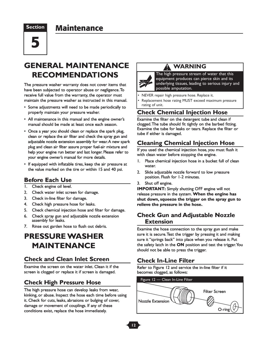 Troy-Bilt 20207 Section Maintenance, General Maintenance Recommendations, Pressure Washer Maintenance, Before Each Use 