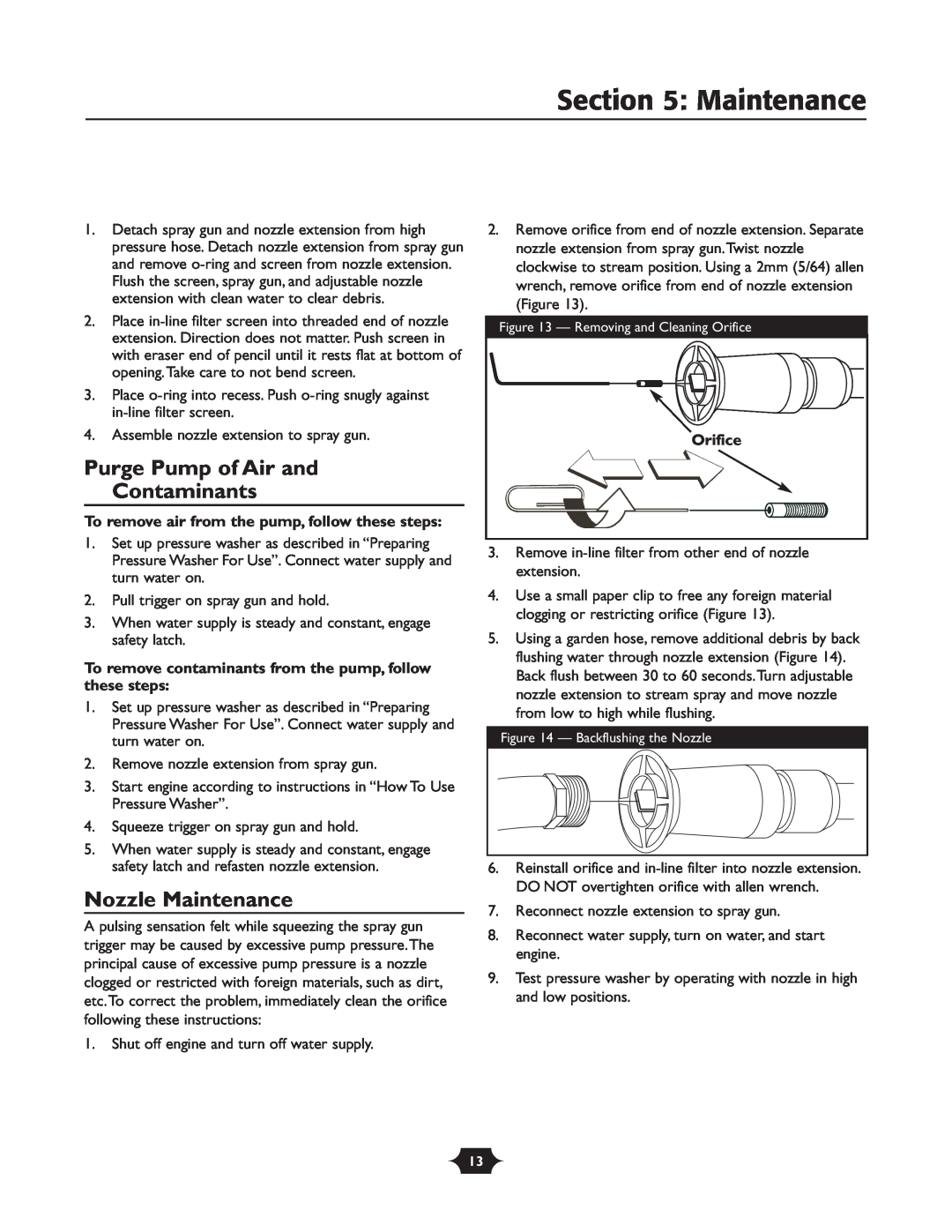 Troy-Bilt 20207 manual Purge Pump of Air and Contaminants, Nozzle Maintenance, Orifice 