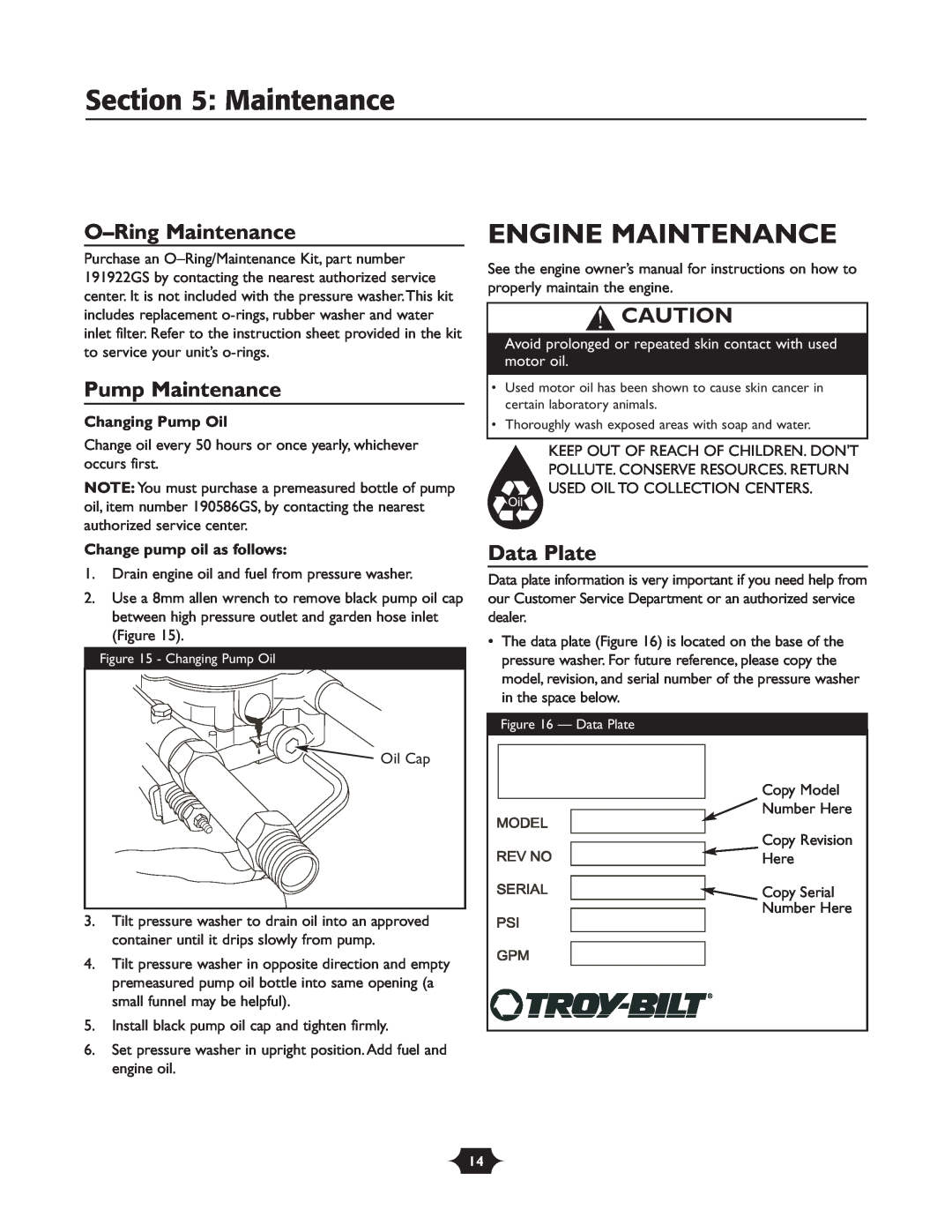Troy-Bilt 20207 manual Engine Maintenance, O-Ring Maintenance, Pump Maintenance, Data Plate, Changing Pump Oil 