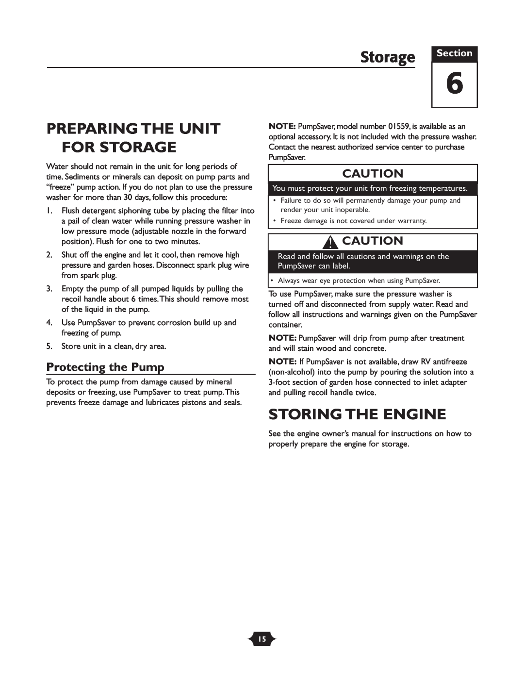 Troy-Bilt 20207 manual Preparing The Unit For Storage, Storing The Engine, Protecting the Pump, Section 