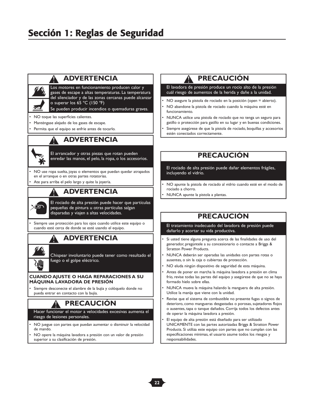 Troy-Bilt 20207 manual Precaución, Sección 1 Reglas de Seguridad, Advertencia 