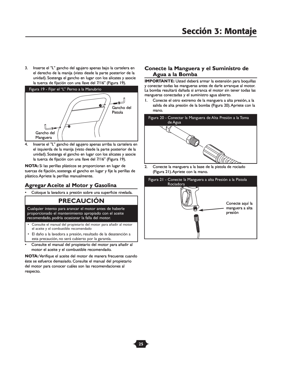 Troy-Bilt 20207 manual Sección 3 Montaje, Agregar Aceite al Motor y Gasolina, Precaución 