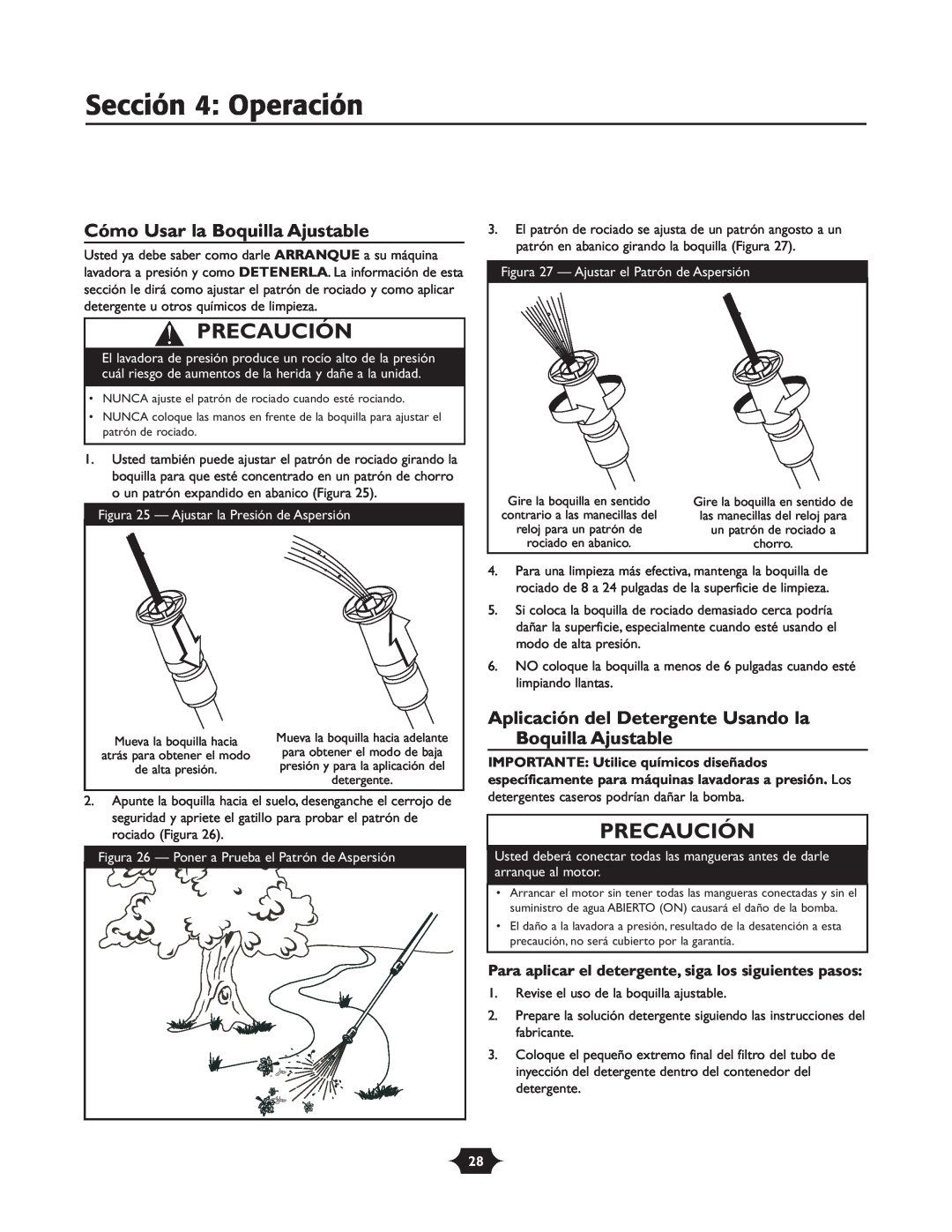 Troy-Bilt 20207 manual Sección 4 Operación, Cómo Usar la Boquilla Ajustable, Precaución 