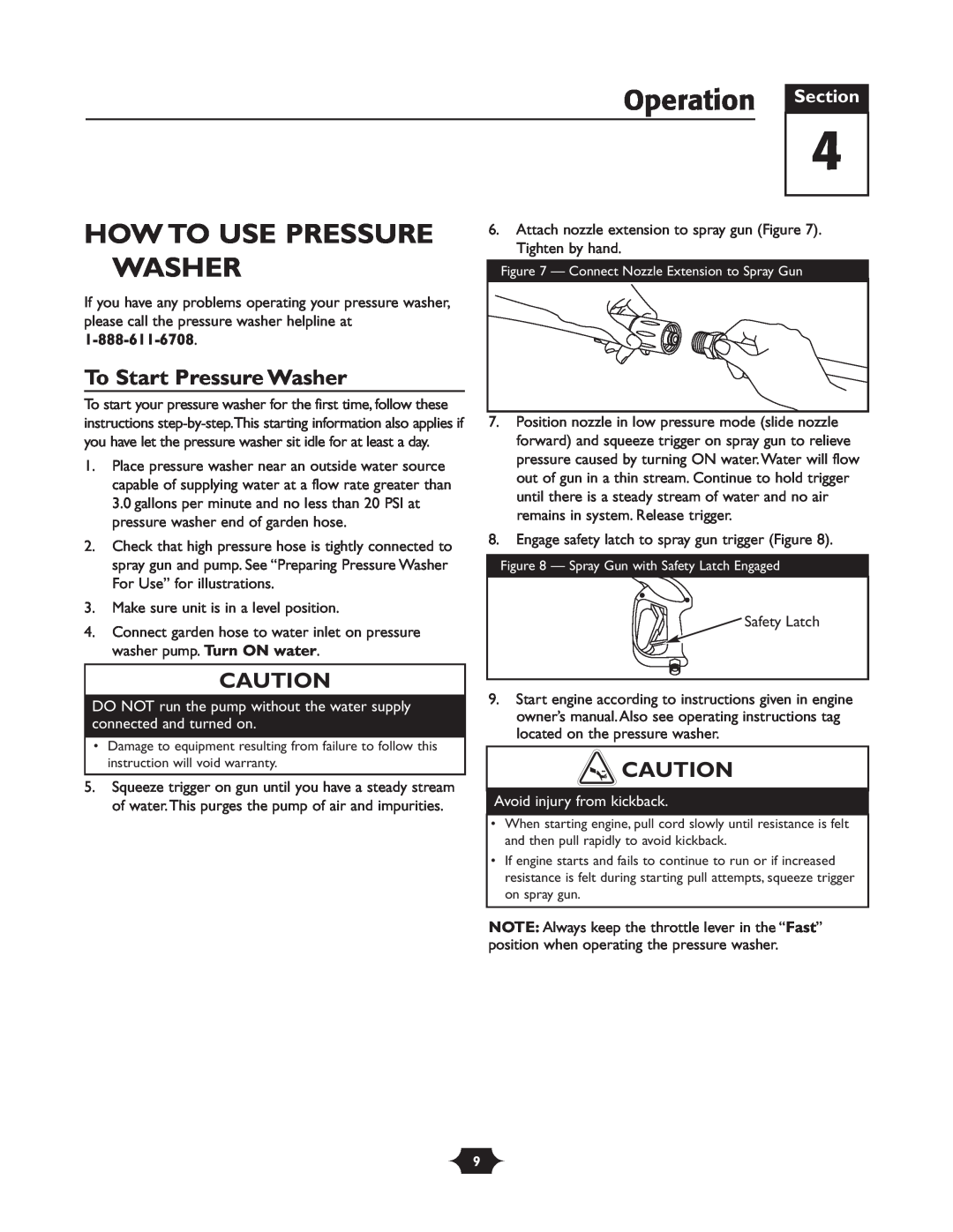 Troy-Bilt 20207 manual Operation Section, How To Use Pressure, To Start Pressure Washer, Avoid injury from kickback 
