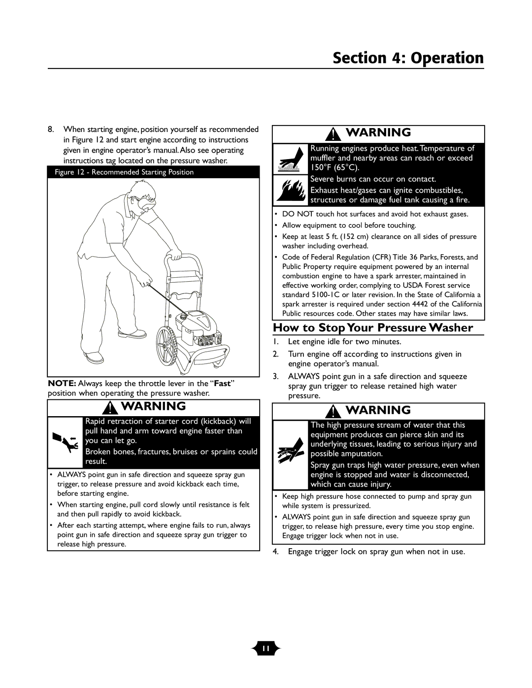 Troy-Bilt 20240 manual Operation, How to Stop Your Pressure Washer, Engage trigger lock on spray gun when not in use 