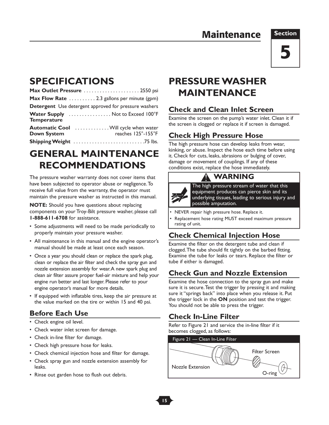 Troy-Bilt 20240 Maintenance Section, Specifications, General Maintenance Recommendations, Pressure Washer Maintenance 