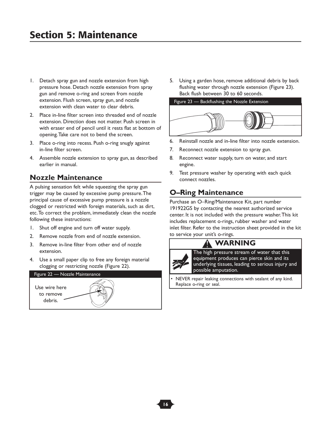 Troy-Bilt 20240 manual Nozzle Maintenance, Ring Maintenance 