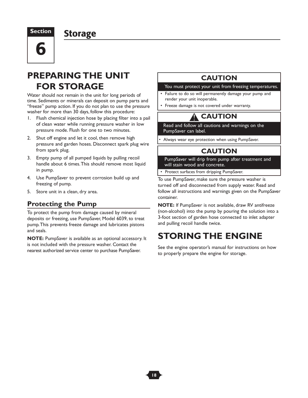 Troy-Bilt 20240 manual Preparing the Unit for Storage, Storing the Engine, Protecting the Pump 