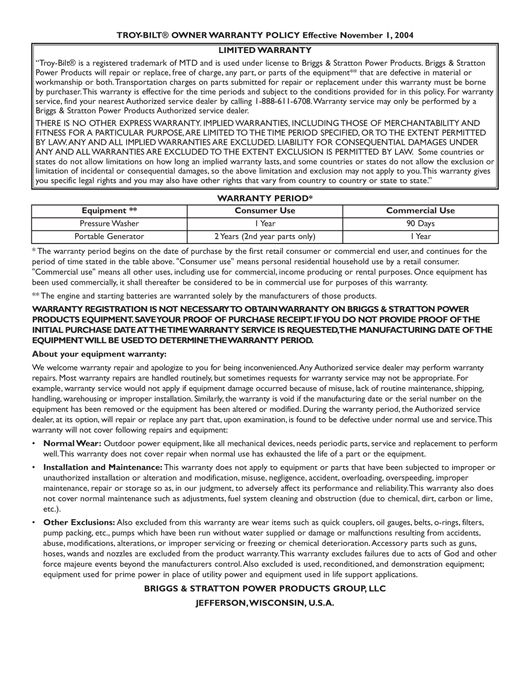 Troy-Bilt 20240 manual TROY-BILT Owner Warranty Policy Effective November 1, Equipment Consumer Use Commercial Use 