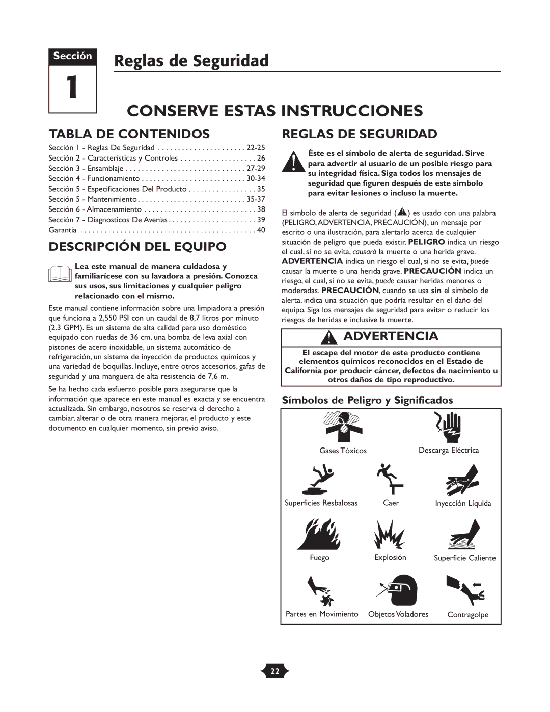 Troy-Bilt 20240 manual Reglas de Seguridad, Conserve Estas Instrucciones, Tabla DE Contenidos, Descripción DEL Equipo 