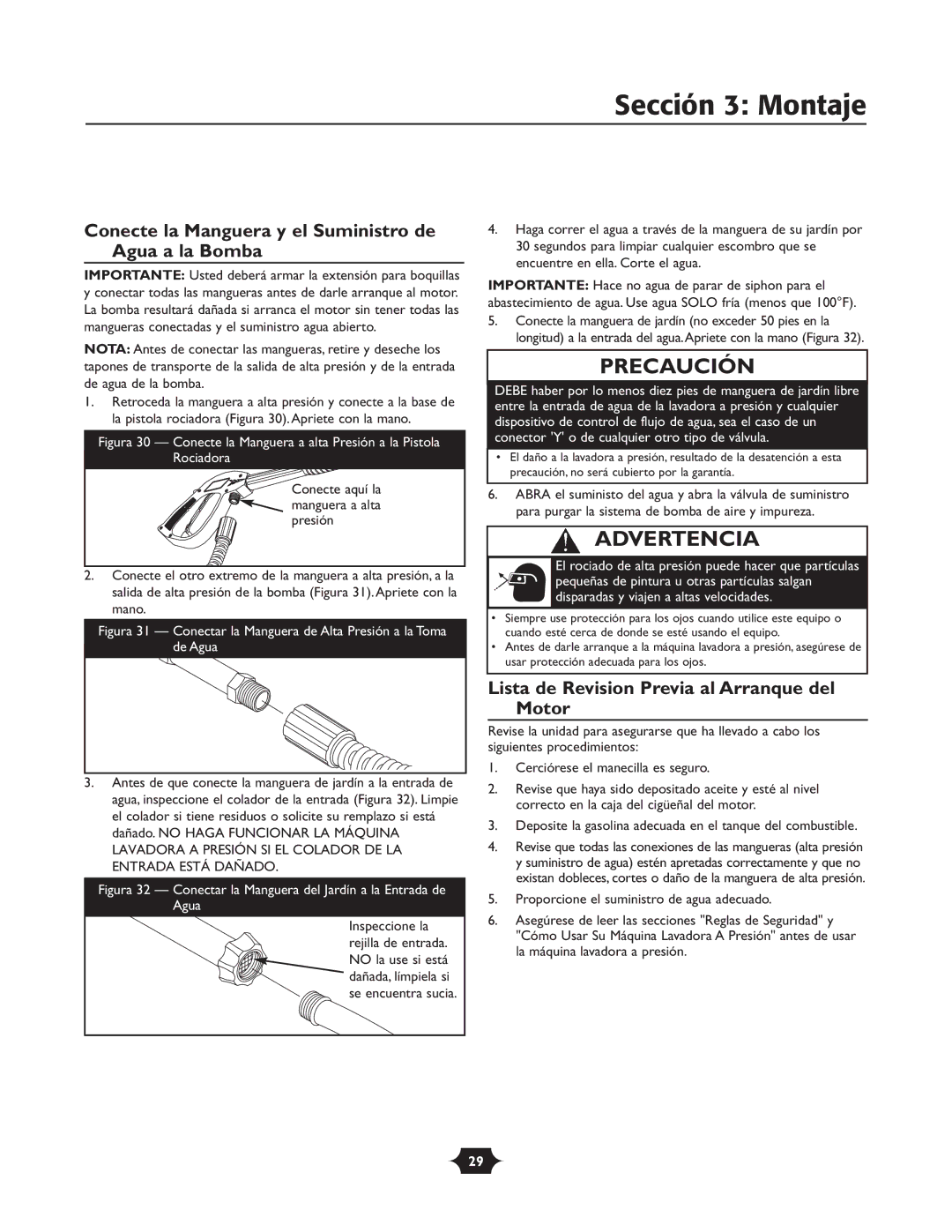 Troy-Bilt 20240 Conecte la Manguera y el Suministro de Agua a la Bomba, Lista de Revision Previa al Arranque del Motor 