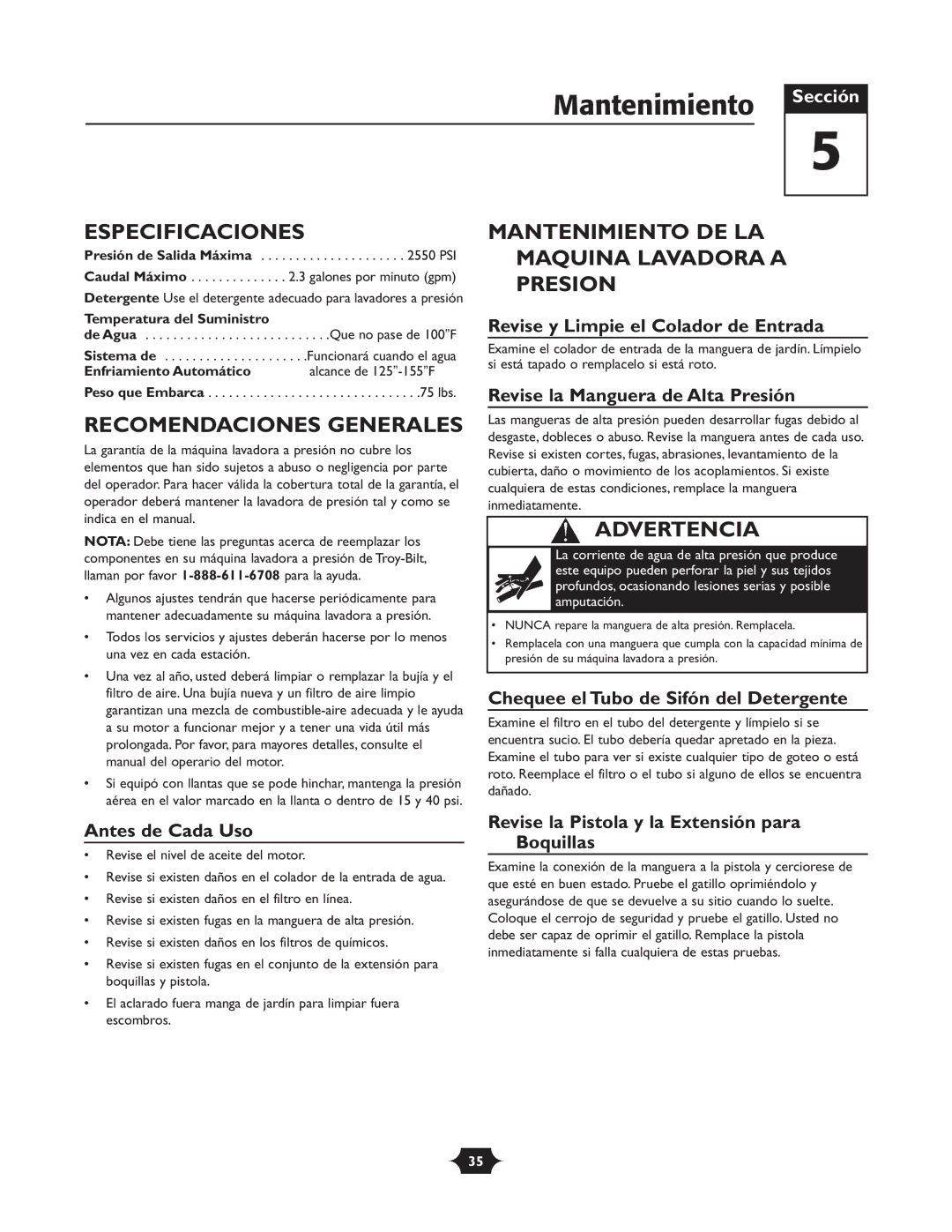Troy-Bilt 20240 manual Especificaciones, Recomendaciones Generales, Mantenimiento DE LA Maquina Lavadora a Presion 