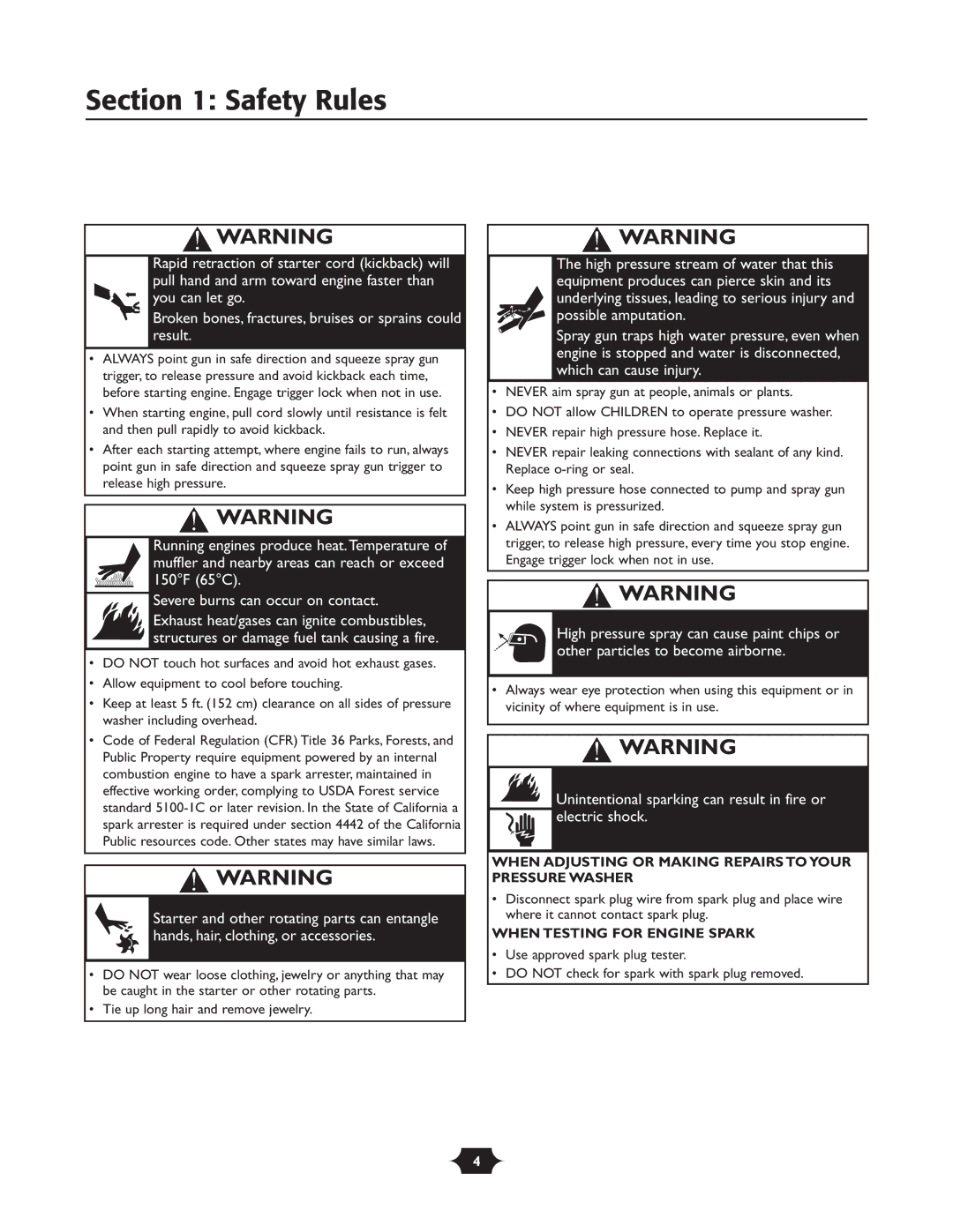 Troy-Bilt 20240 manual Unintentional sparking can result in fire or electric shock 