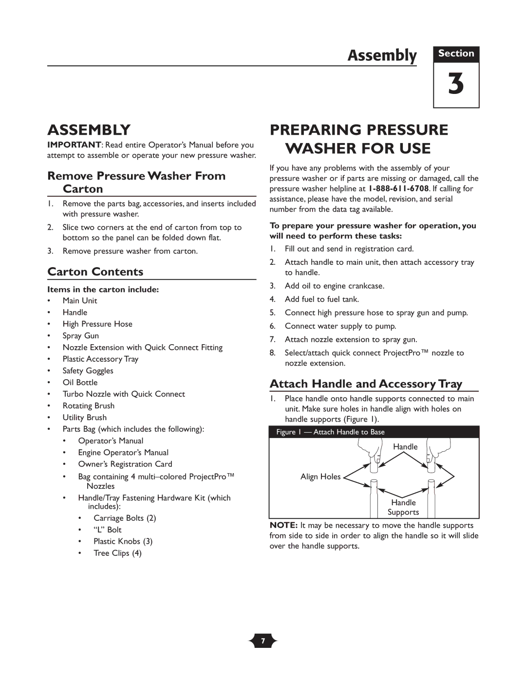 Troy-Bilt 20240 manual Assembly Section, Preparing Pressure Washer for USE 