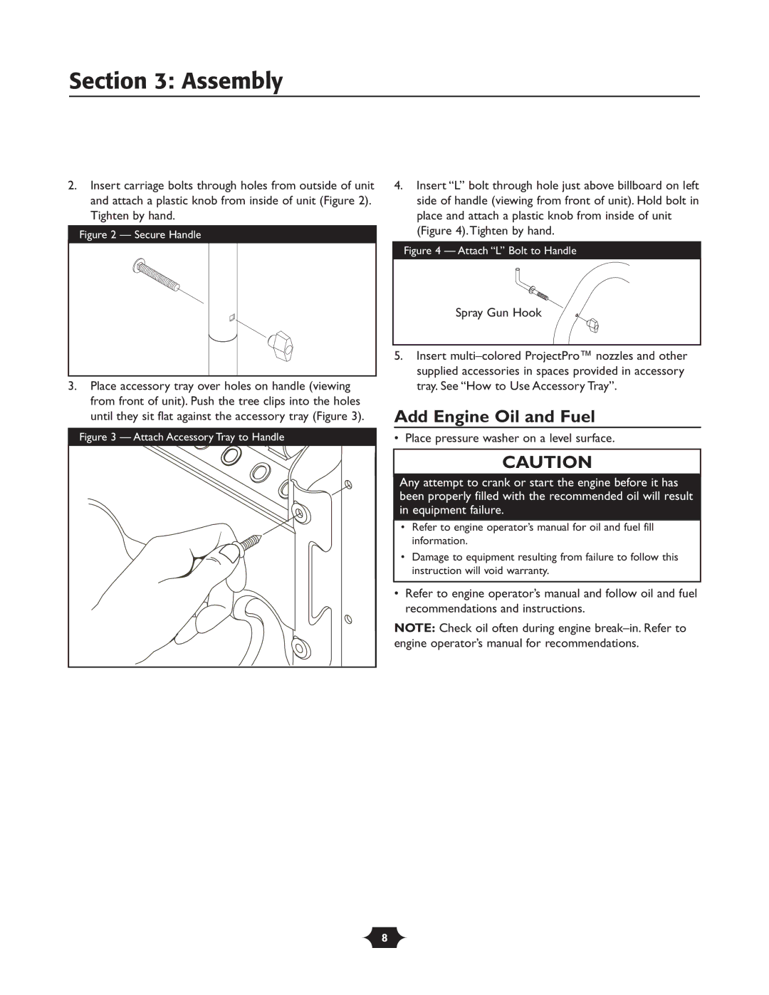 Troy-Bilt 20240 manual Assembly, Add Engine Oil and Fuel, Spray Gun Hook, Place pressure washer on a level surface 