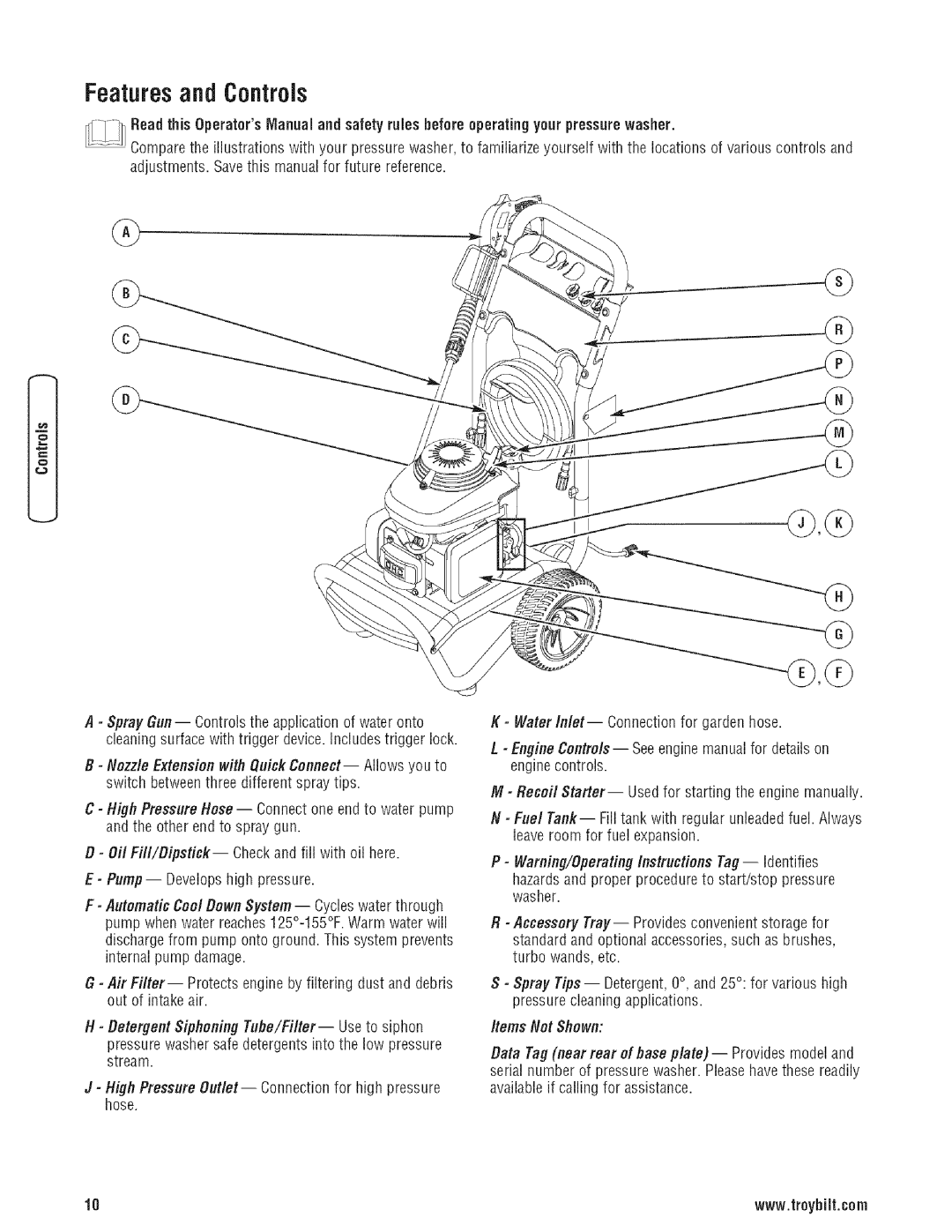 Troy-Bilt 203779GS manual Featuresand Controls 