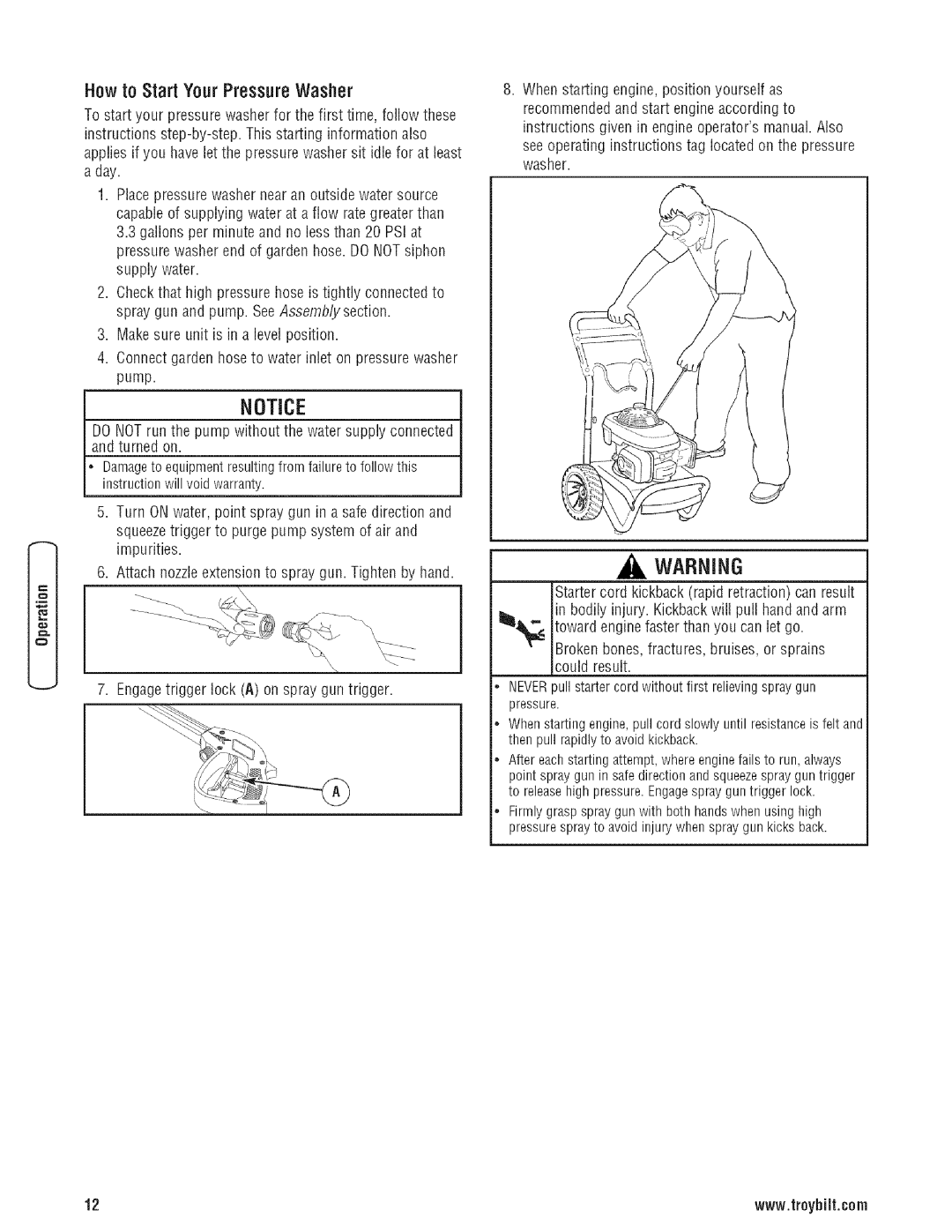 Troy-Bilt 203779GS manual Howto Start YourPressureWasher 