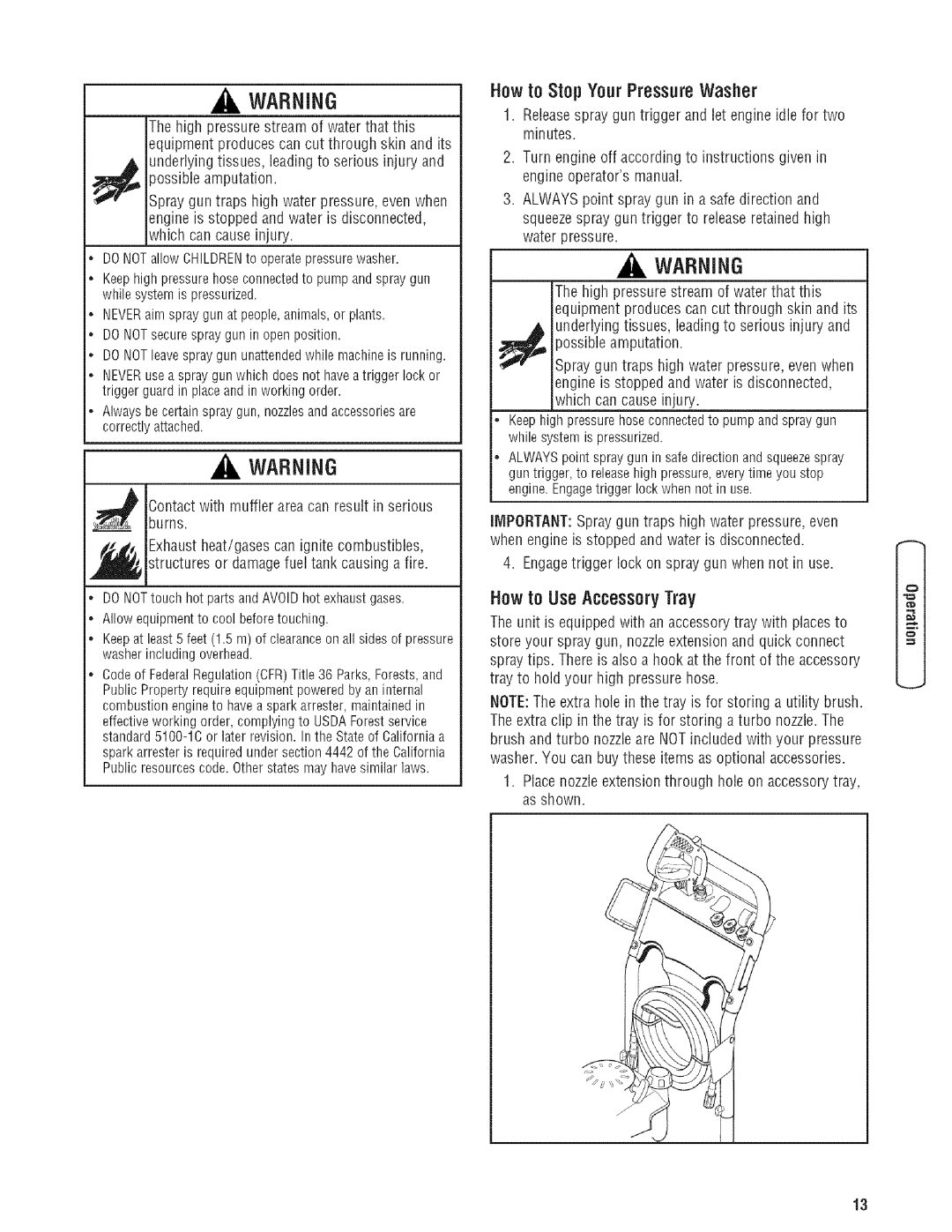 Troy-Bilt 203779GS manual Howto Stop YourPressureWasher, How to Use Accessory Tray 