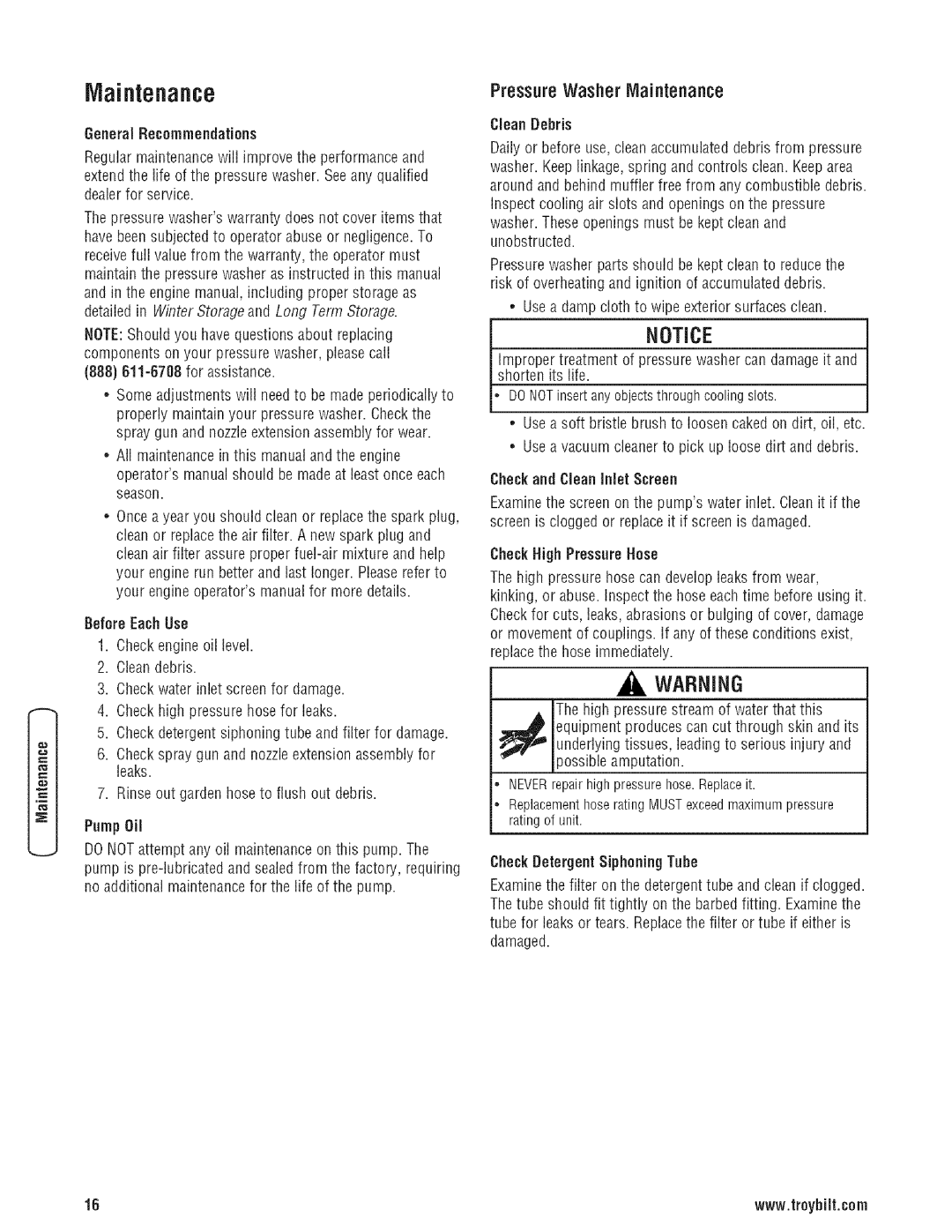 Troy-Bilt 203779GS manual Pressure Washer Maintenance, General Recommendations, CheckHigh PressureHose 